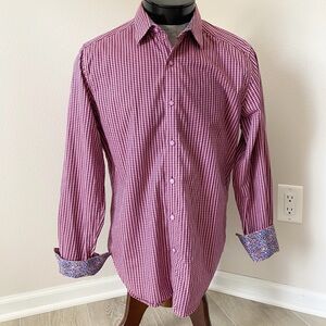 Robert Graham Button Up Shirt Burgundy Plaid Floral Cuffs Cotton Stretch Small‎